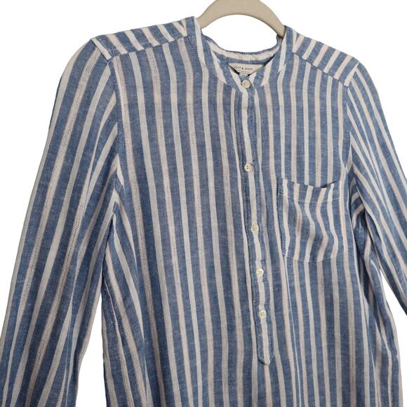 Lucky Brand Womens Linen Blend Popover Top Size Small Blue White Stripe Nautical - Picture 2 of 8